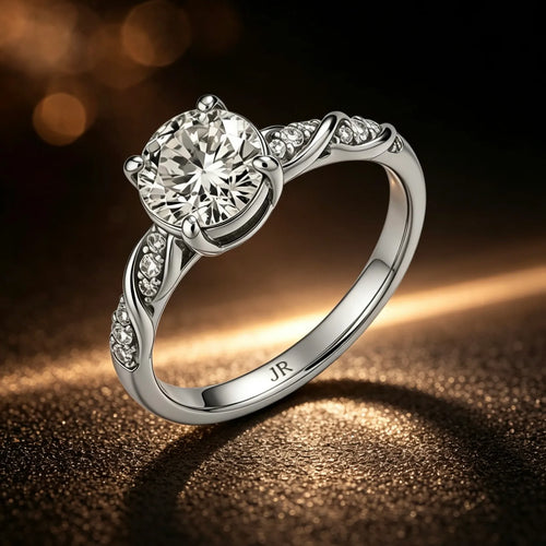 White Gold Round Brilliant Solitaire Engagement Ring with twisted Pave Diamond Band |JewelryRich