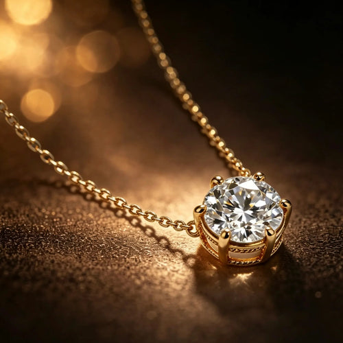 Gold solitaire Necklace with a brilliant cut diamond pendant, classic six-prong setting timeless fine Jewelry for women