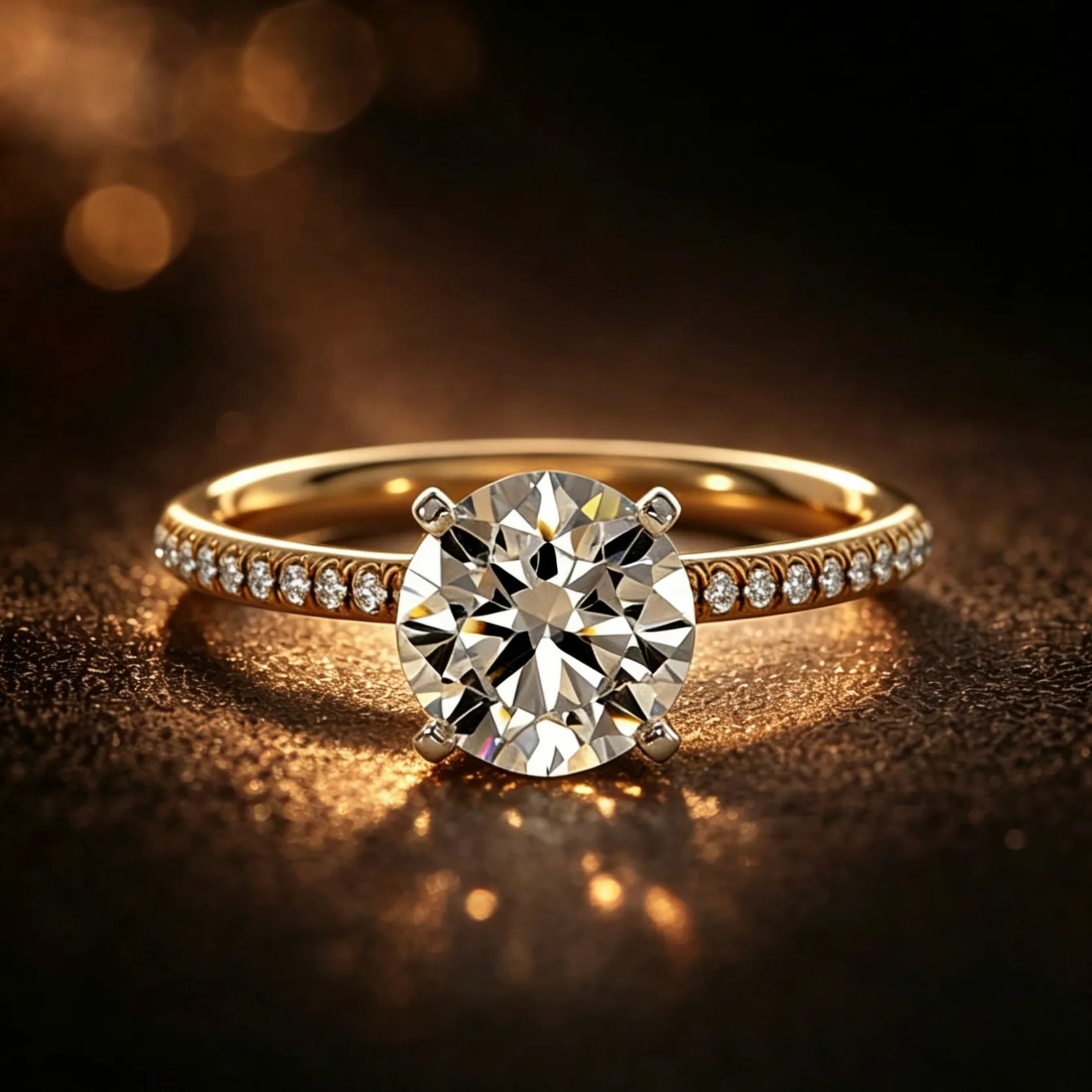 18K Yellow Gold Round Brilliant Diamond Solitaire Engagement Ring with a sparking pave-set band