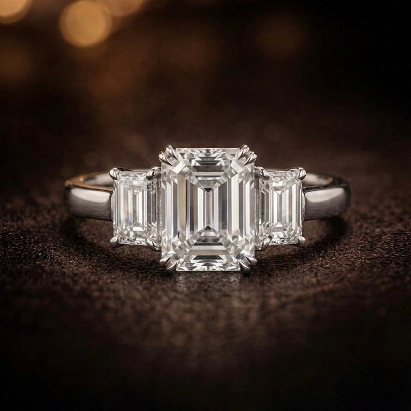 White Gold Emerald Cut Diamond Three-Stone Engagement Ring