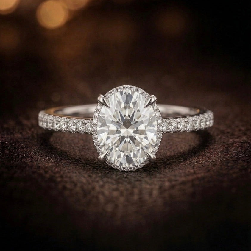 White Gold Hidden Halo Oval Diamond Engagement Ring