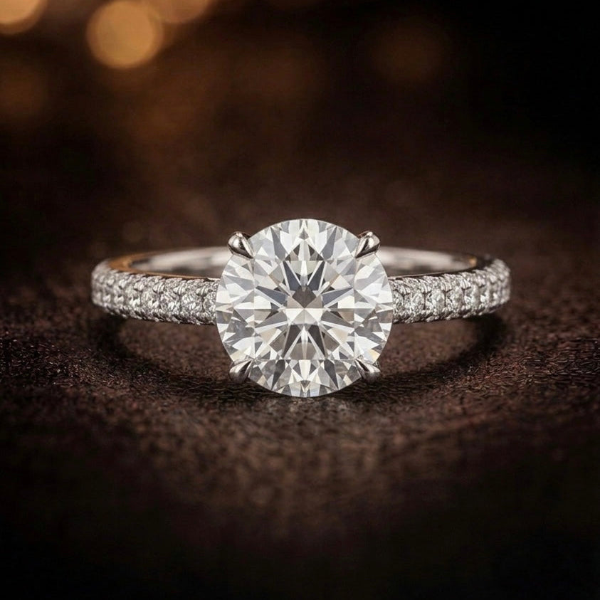 White Gold Pave Band Solitaire Diamond Engagement Ring