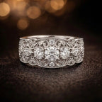 18K white gold vintage filigree diamond wedding band with three GIA certified brilliant-cut diamonds and Art Deco milgrain detailing