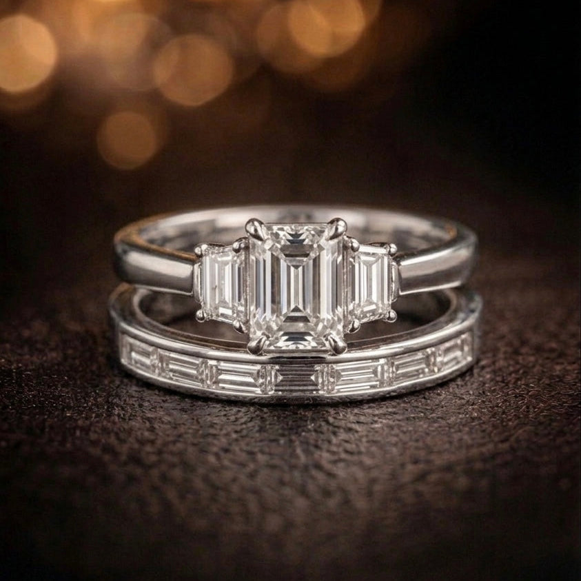 White_gold_Ring_Set_Three-Stone_baguette_diamond_engagement_ring_wedding_band