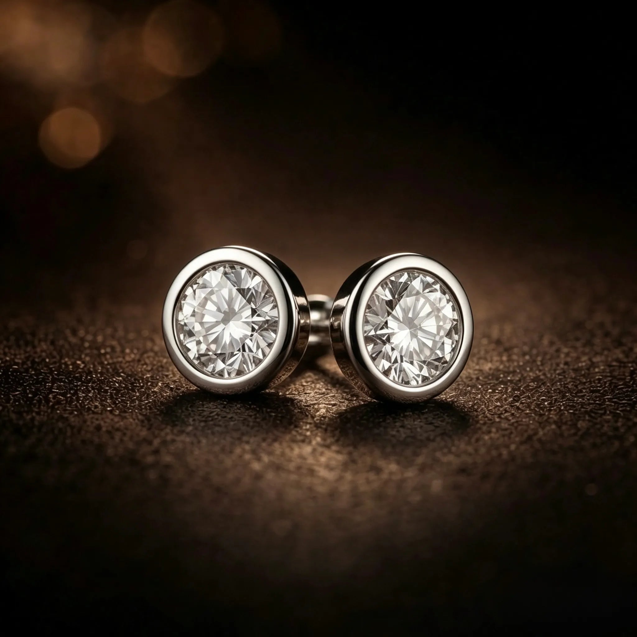 Bezel-set diamond stud earrings in 18K white gold on dark textured surface, close-up detail