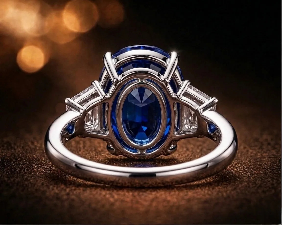 Side view of platinum sapphire ring showing diamond side stones and prong setting — fine jewelry investment piece
