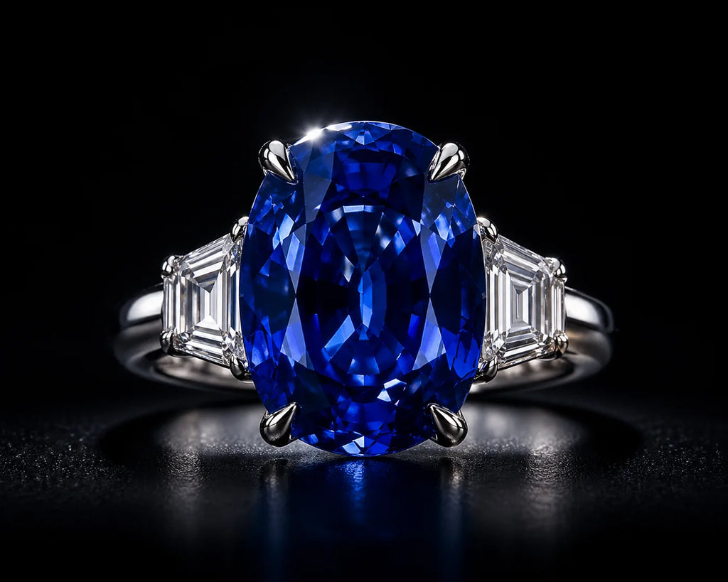Platinum Kashmir sapphire ring showing diamond side stones and prong setting on PT950— fine jewelry investment piece
