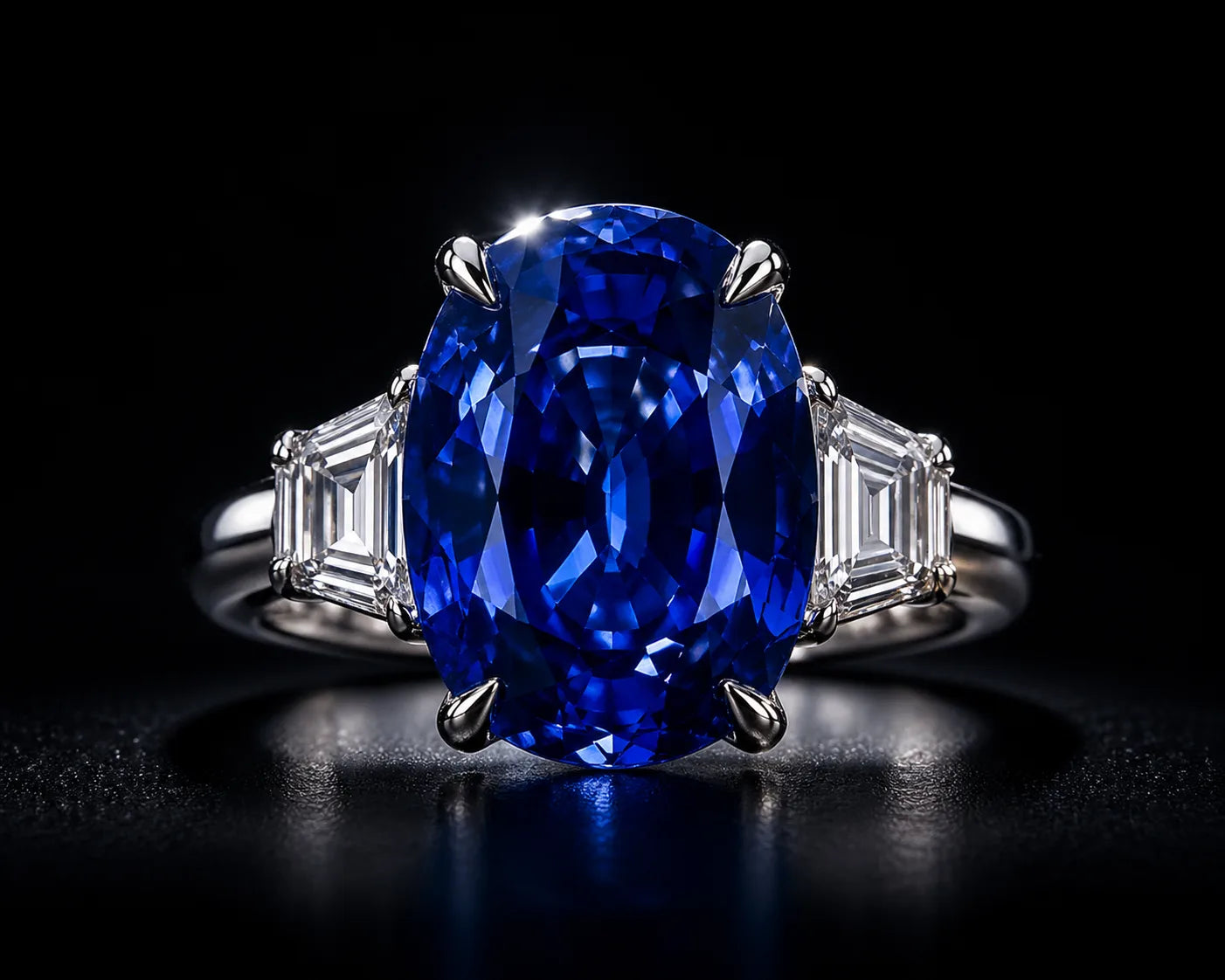 Platinum Kashmir sapphire ring showing diamond side stones and prong setting on PT950— fine jewelry investment piece