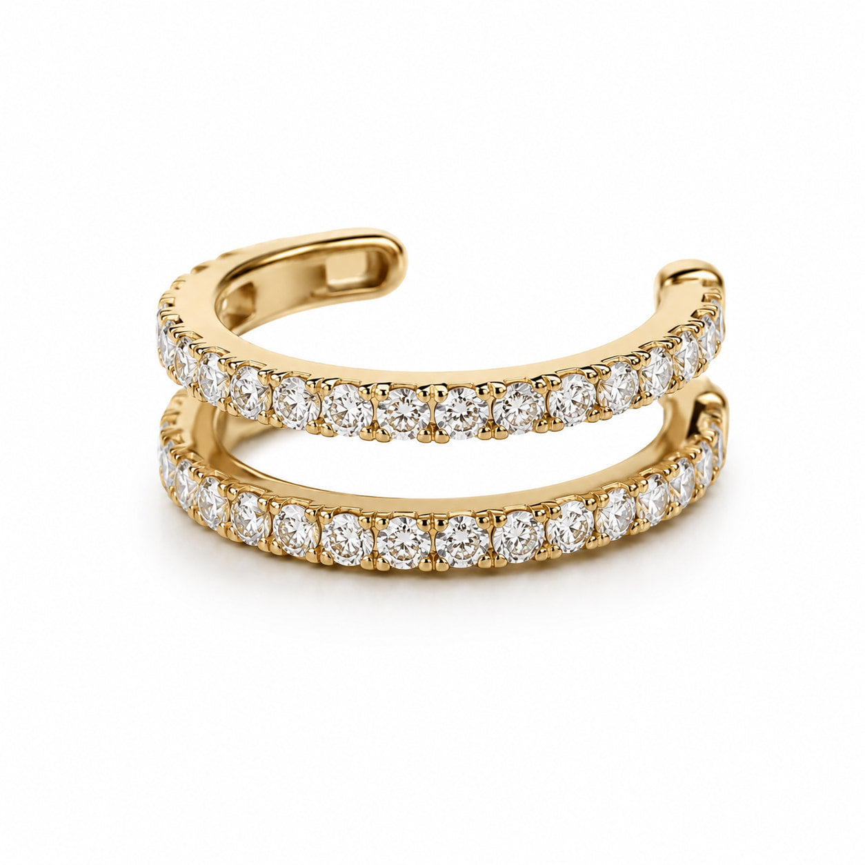 Diamond pavé double row ear cuff in 18K yellow gold – front view showing two rows of round brilliant diamonds | JewelryRich
