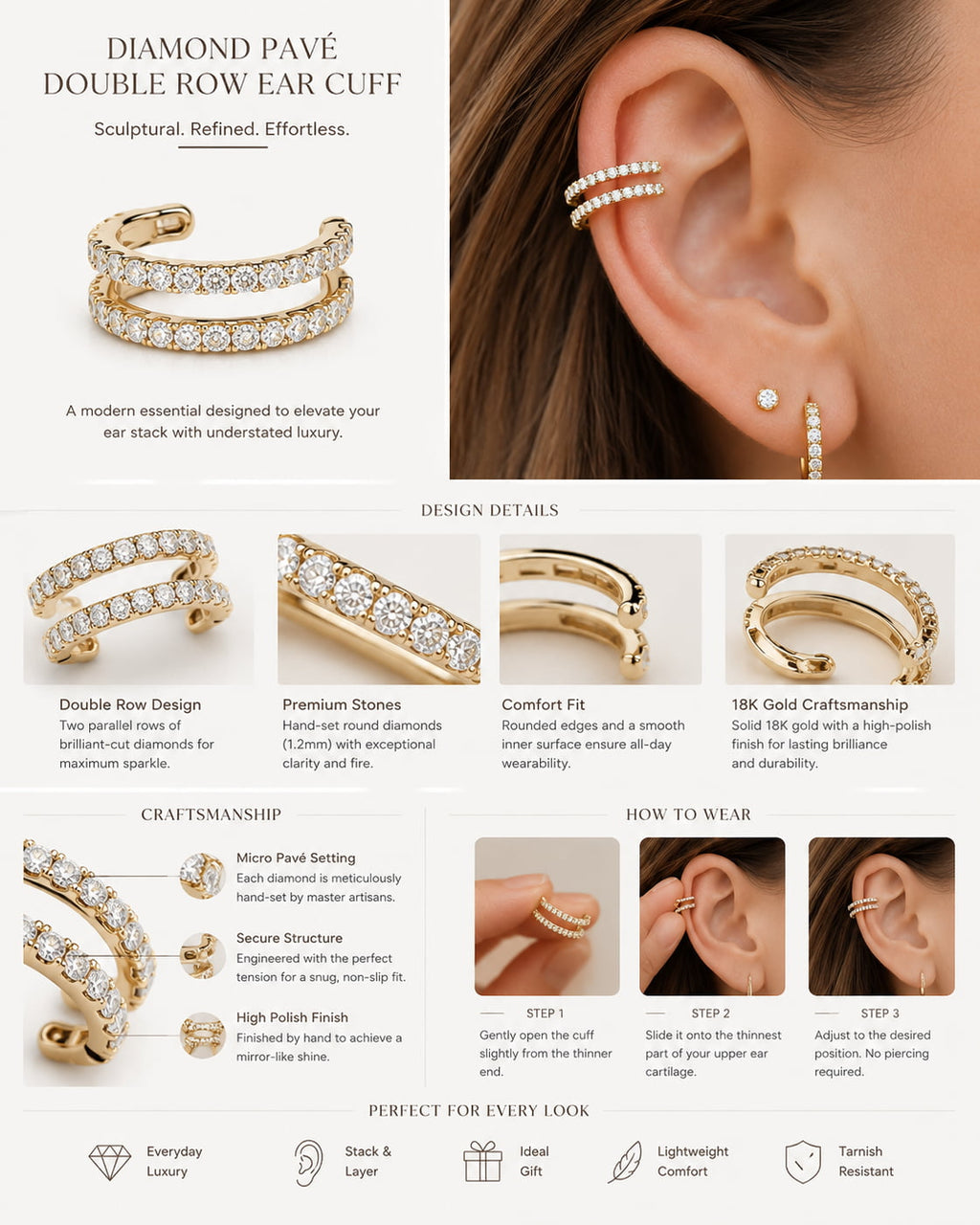 Diamond pavé double row ear cuff 18K yellow gold – product details infographic showing setting, features and how to wear | JewelryRich