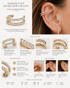 Diamond pavé double row ear cuff 18K yellow gold – product details infographic showing setting, features and how to wear | JewelryRich