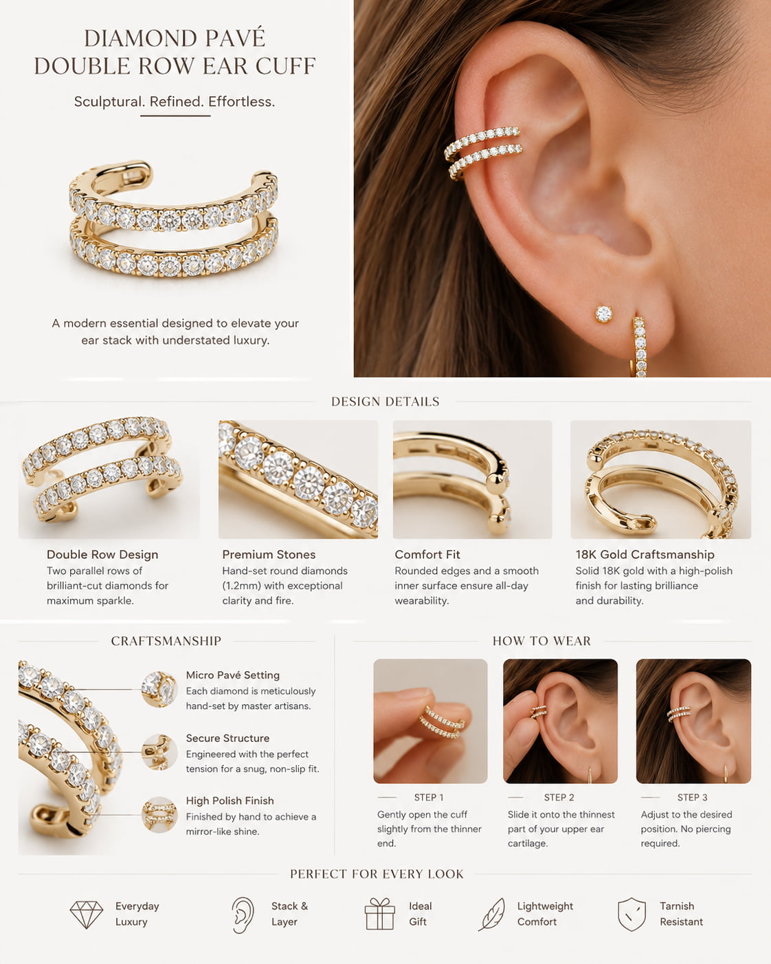 Diamond pavé double row ear cuff 18K yellow gold – product details infographic showing setting, features and how to wear | JewelryRich