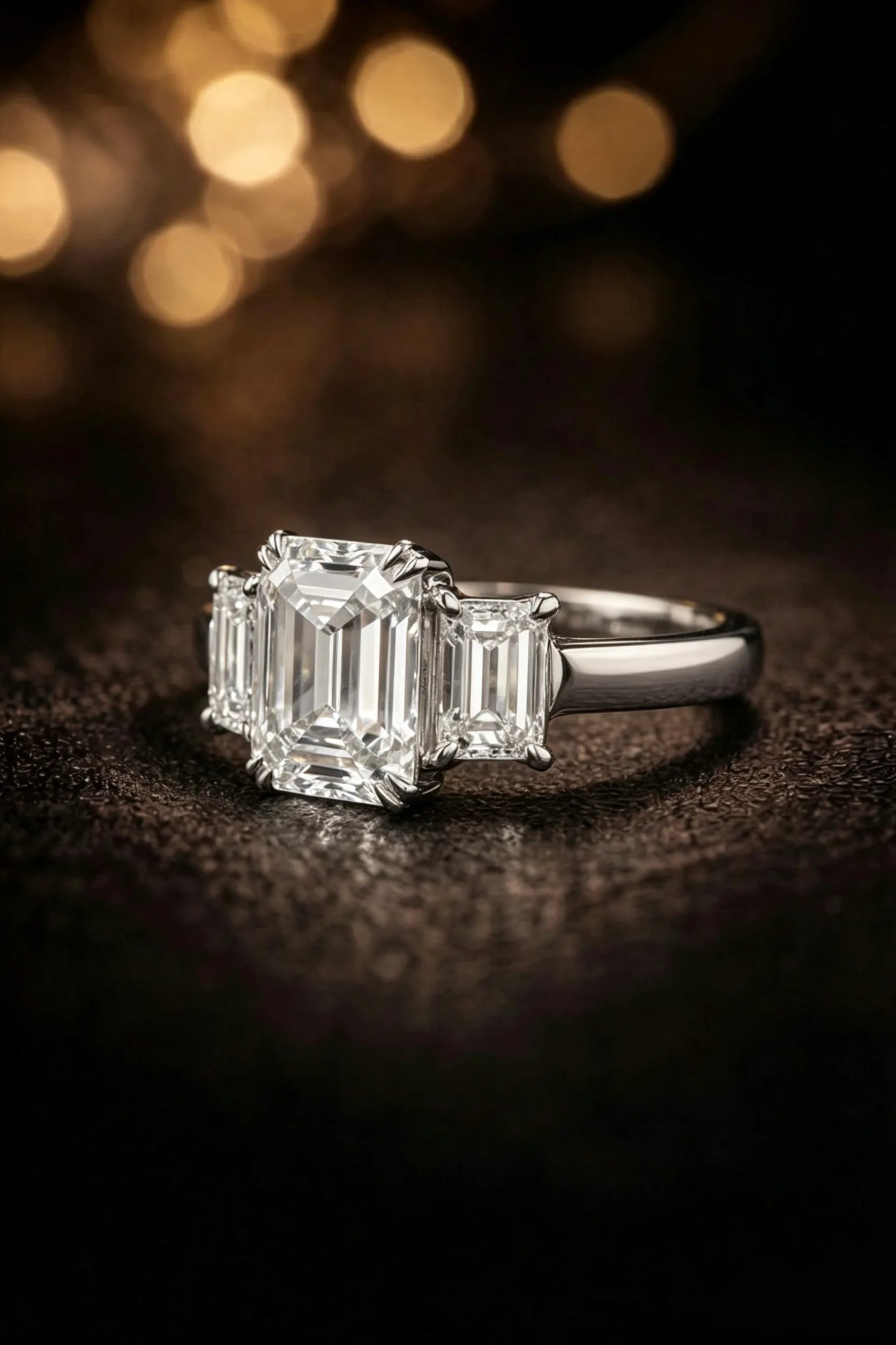Emerald cut three-stone diamond engagement ring in white gold — angled view on dark background | JewelryRich