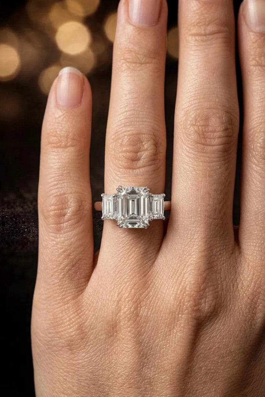Emerald cut three-stone diamond engagement ring in white gold worn on hand — JewelryRich