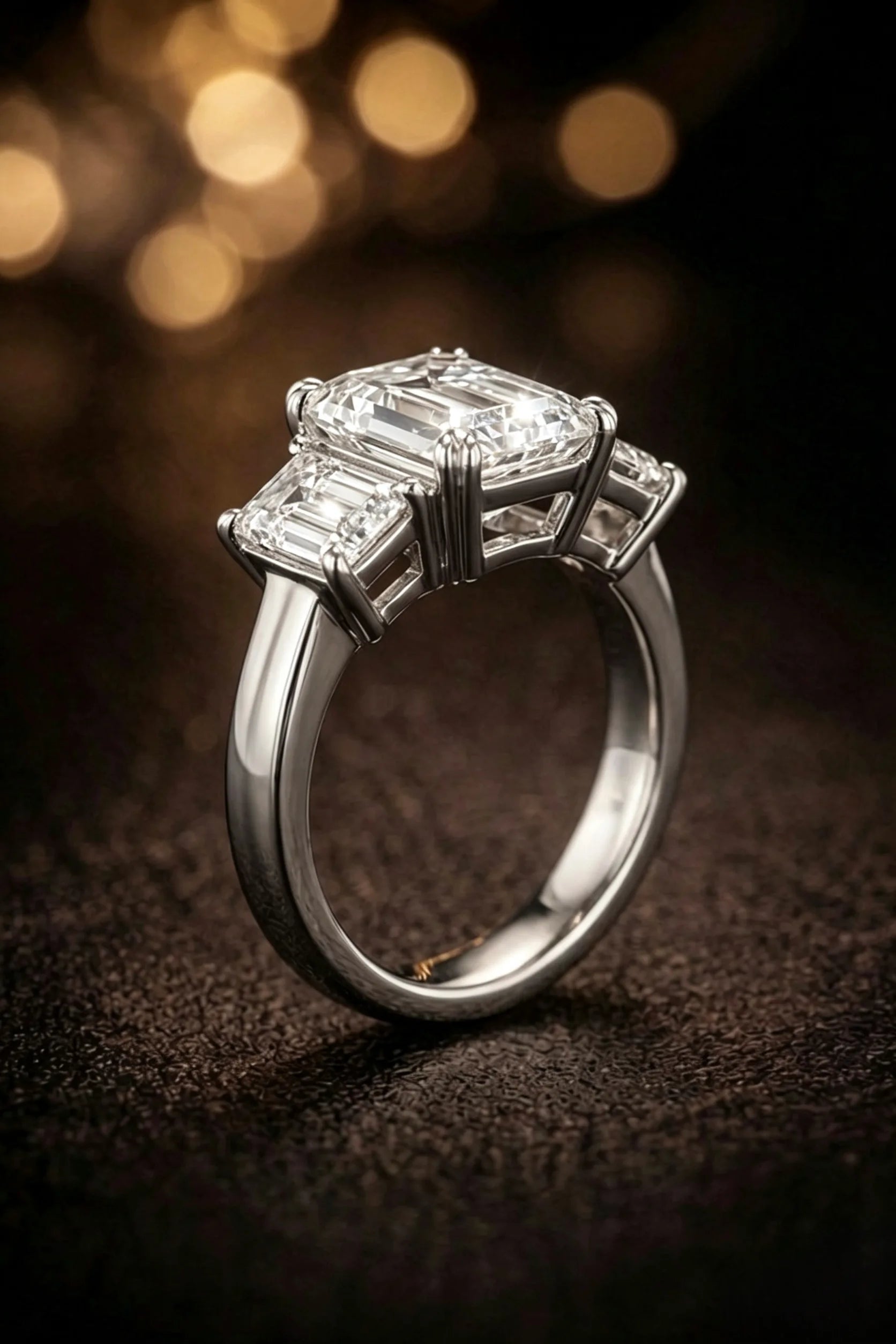 Emerald cut three-stone diamond engagement ring in white gold — top view showing step-cut facets and hall-of-mirrors effect | JewelryRich