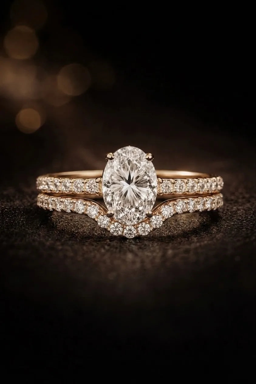 Oval solitaire diamond engagement ring paired with contoured pavé wedding band in 18K rose gold — bridal ring set | JewelryRich