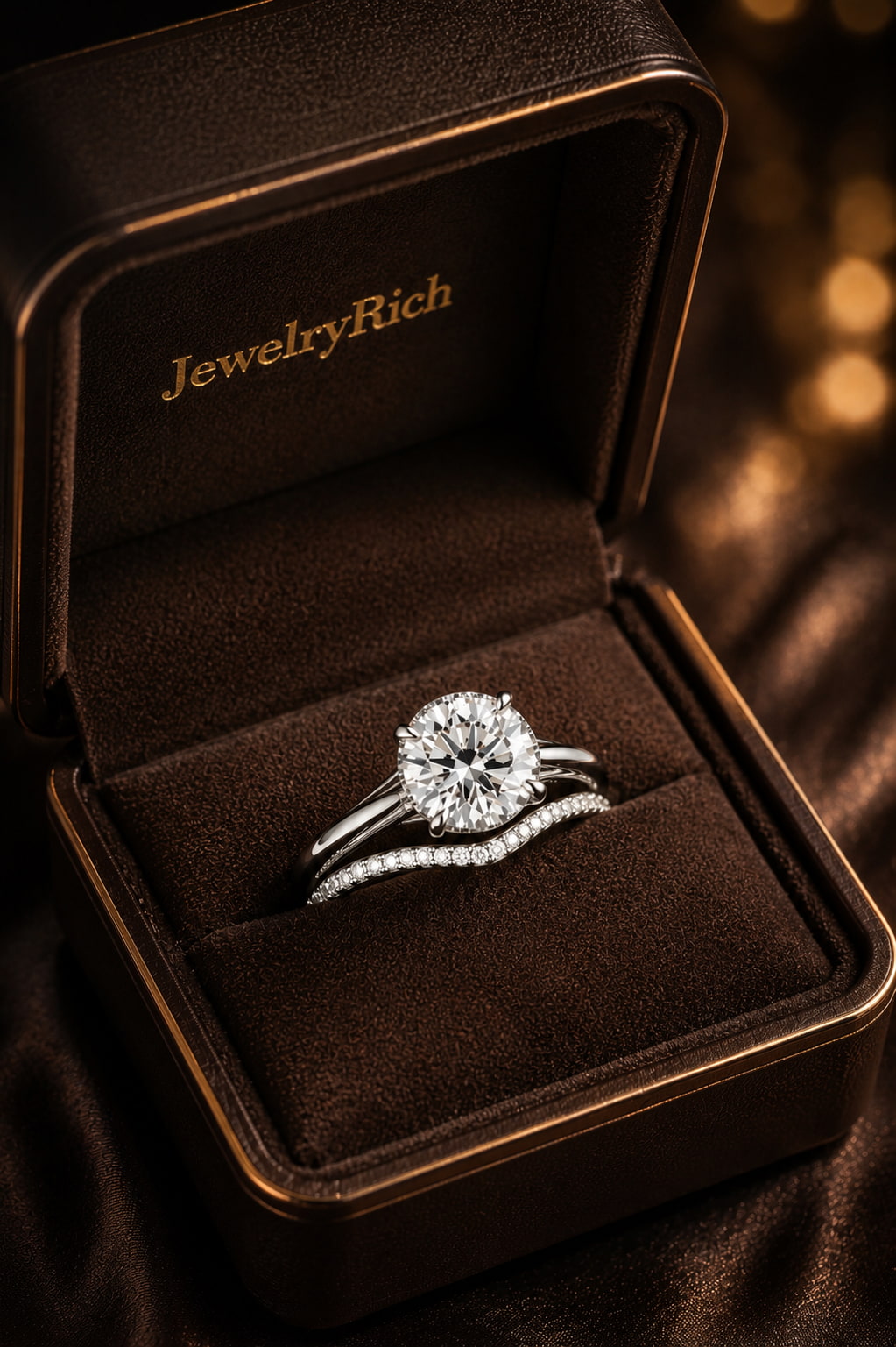 Hidden halo diamond engagement ring and contoured pavé wedding band in JewelryRich luxury jewelry box — 18K white gold bridal set