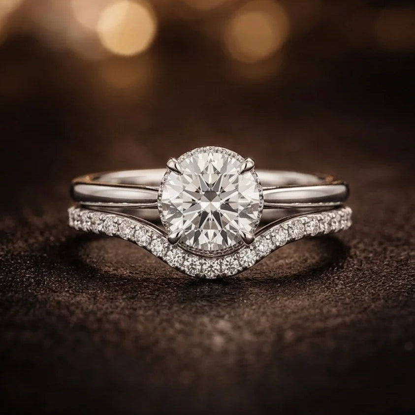 Hidden halo diamond engagement ring and contoured pavé wedding band bridal set 18K white gold
