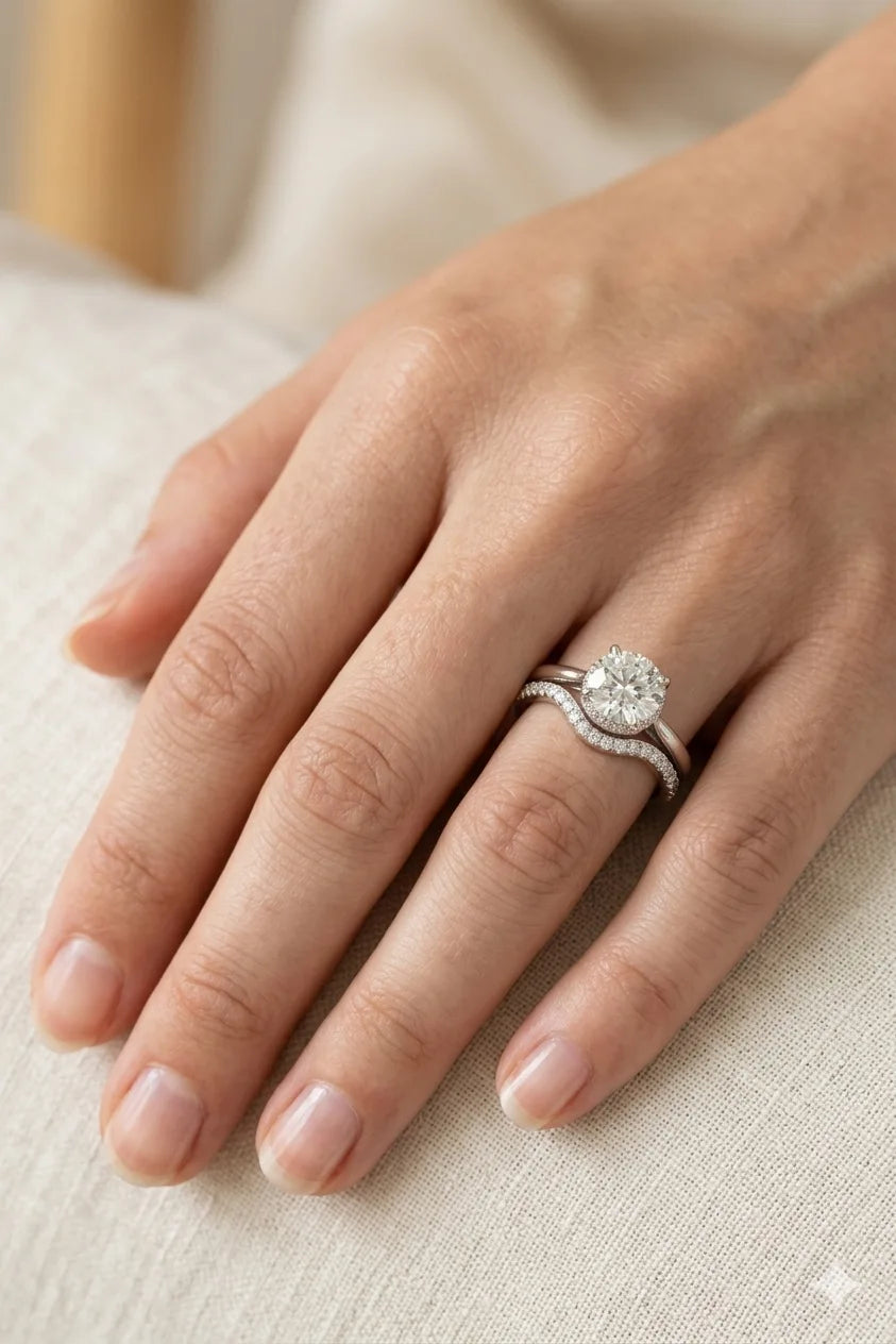 Hidden halo diamond engagement ring and contoured wedding band bridal set on hand, brilliant-cut GIA certified diamonds in 18K white gold, JewelryRich