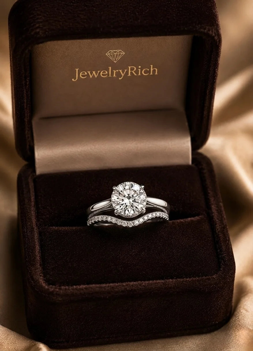 Hidden halo diamond engagement ring and contoured wedding band bridal set in JewelryRich signature luxury gift box, 18K white gold