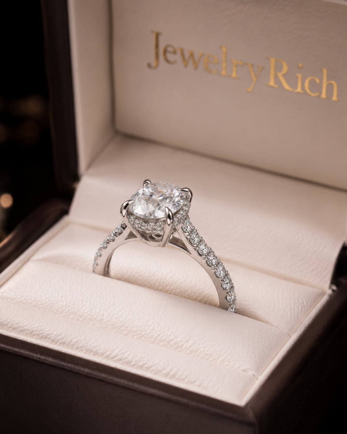 Hidden halo oval diamond engagement ring in JewelryRich signature luxury gift box with white satin lining, 18K white gold, GIA certified diamond