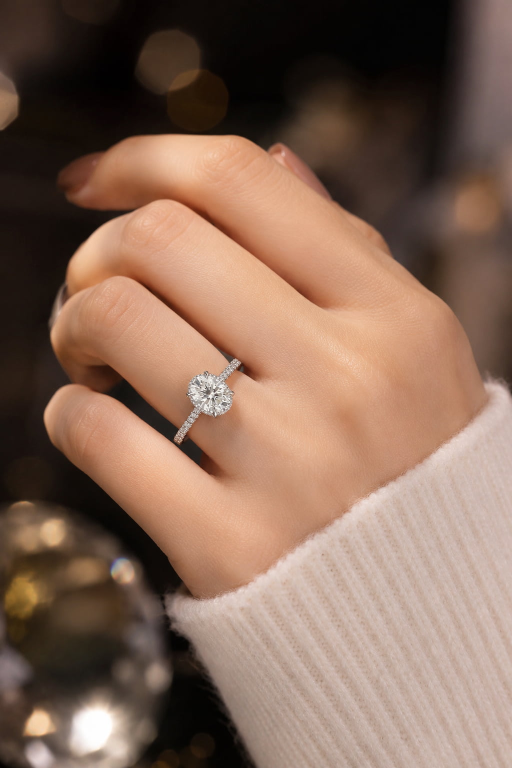 Hidden halo oval diamond engagement ring worn on hand with white sleeve, 18K white gold micro-pavé halo, GIA certified, JewelryRich