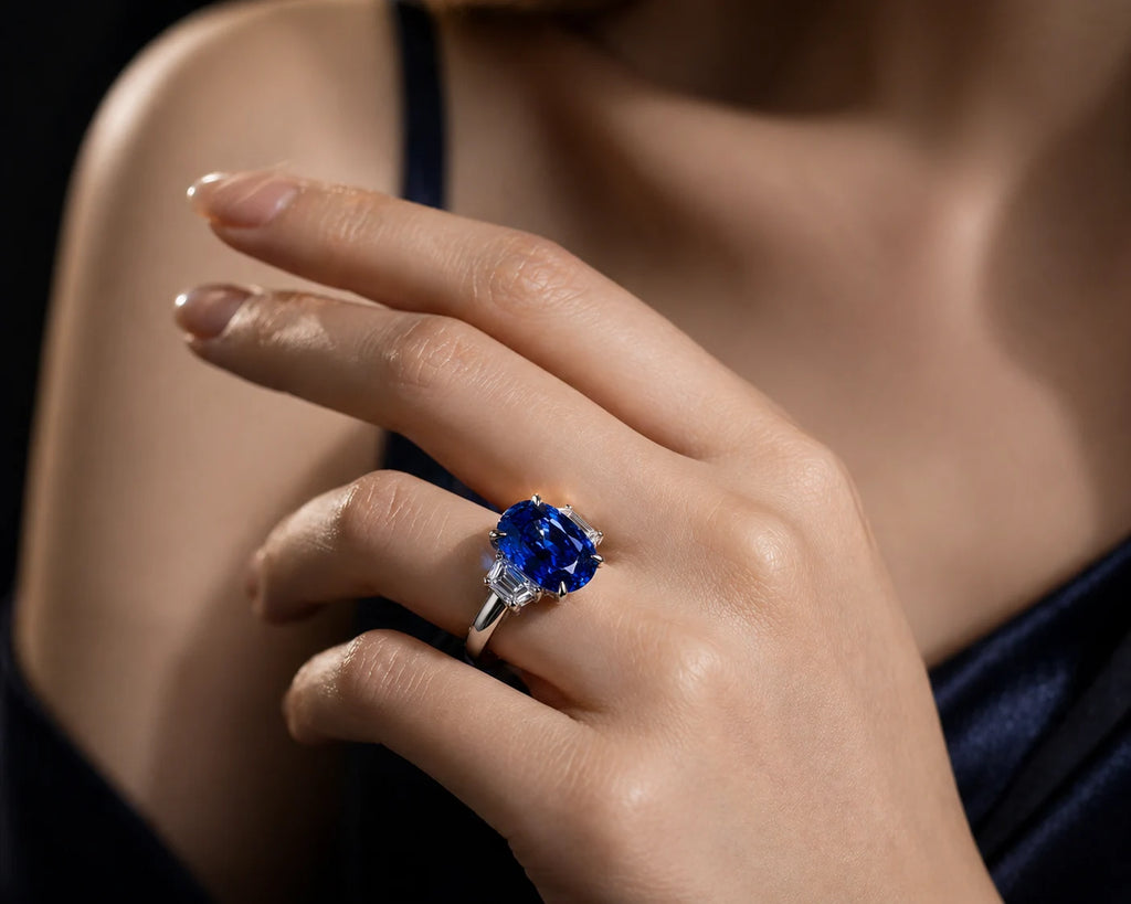 nvestment-grade blue sapphire oval ring worn on hand — platinum setting with diamond side stones
