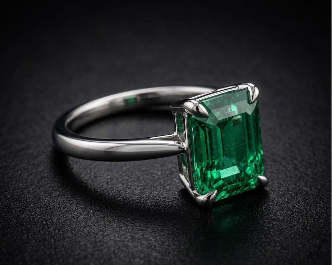 Side profile of emerald-cut green Colombian emerald ring in platinum, showcasing stone depth and four-prong setting, JewelryRich
