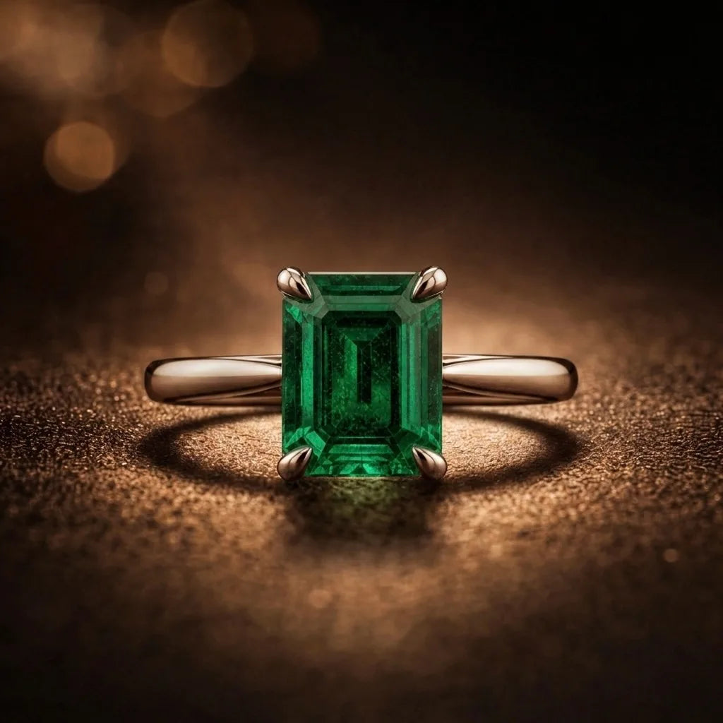 Emerald-cut natural colombian green emerald solitaire ring in platinum, four-prong setting, JewelryRich