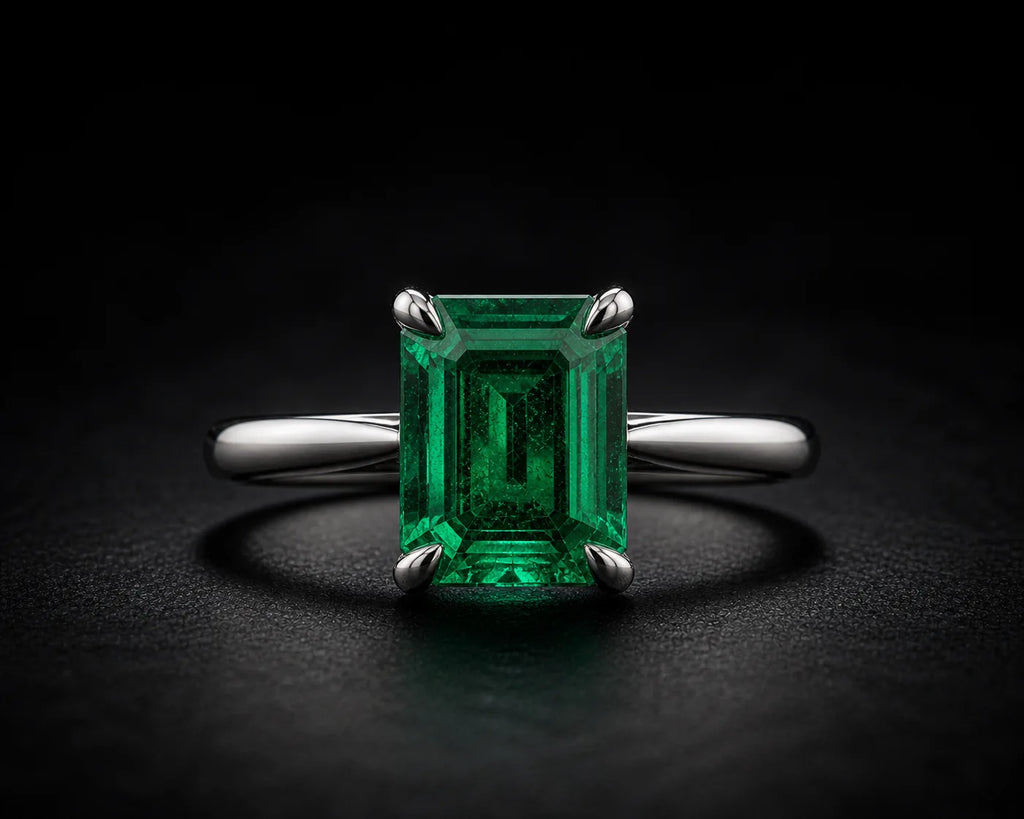 Emerald-cut natural green emerald solitaire ring in platinum, vivid Colombian green, four-prong setting, JewelryRich