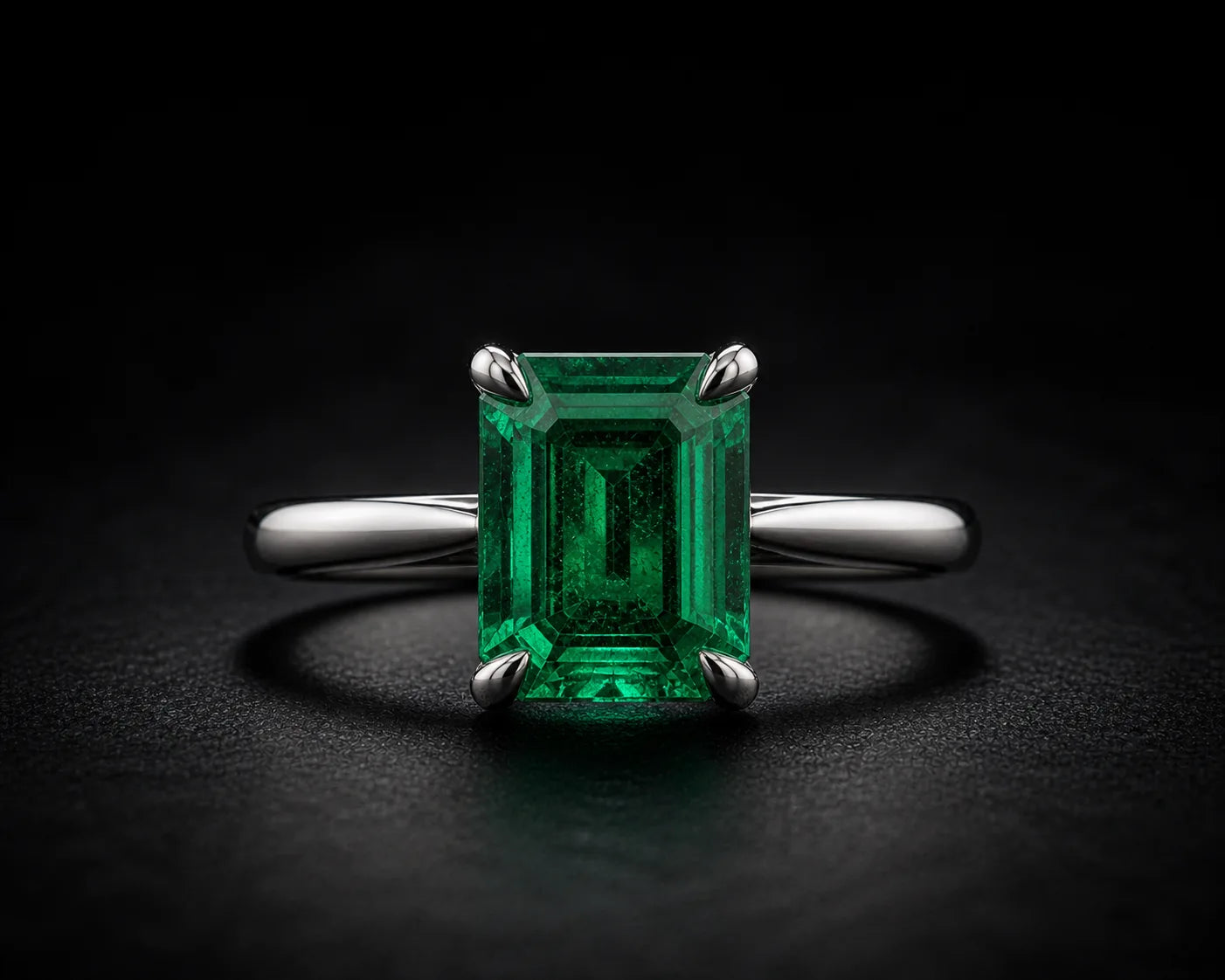 Emerald-cut natural green emerald solitaire ring in platinum, vivid Colombian green, four-prong setting, JewelryRich