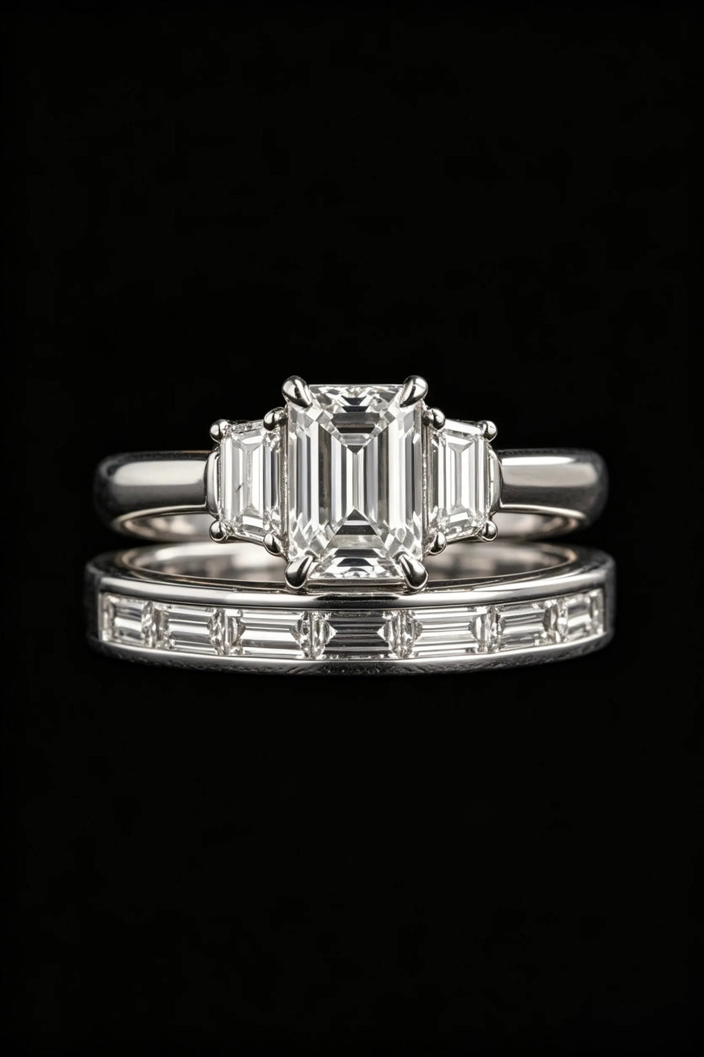 Emerald-cut three-stone diamond engagement ring with channel-set baguette wedding band, black background product shot, 18K White Gold, GIA certified, JewelryRich