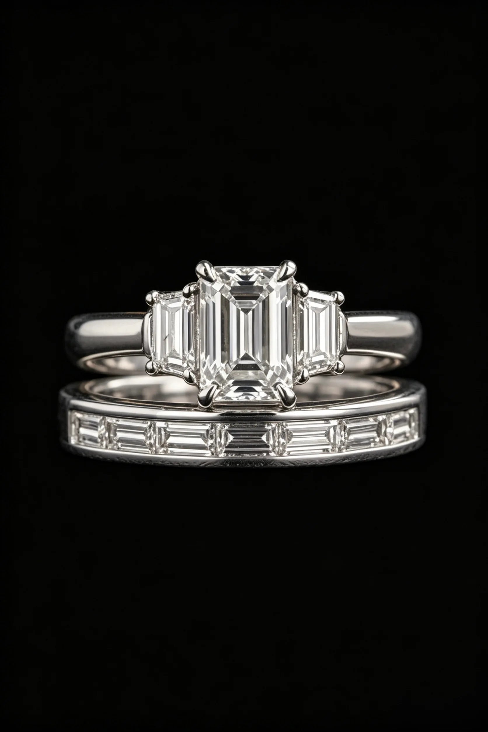 Emerald-cut three-stone diamond engagement ring with channel-set baguette wedding band, black background product shot, 18K White Gold, GIA certified, JewelryRich