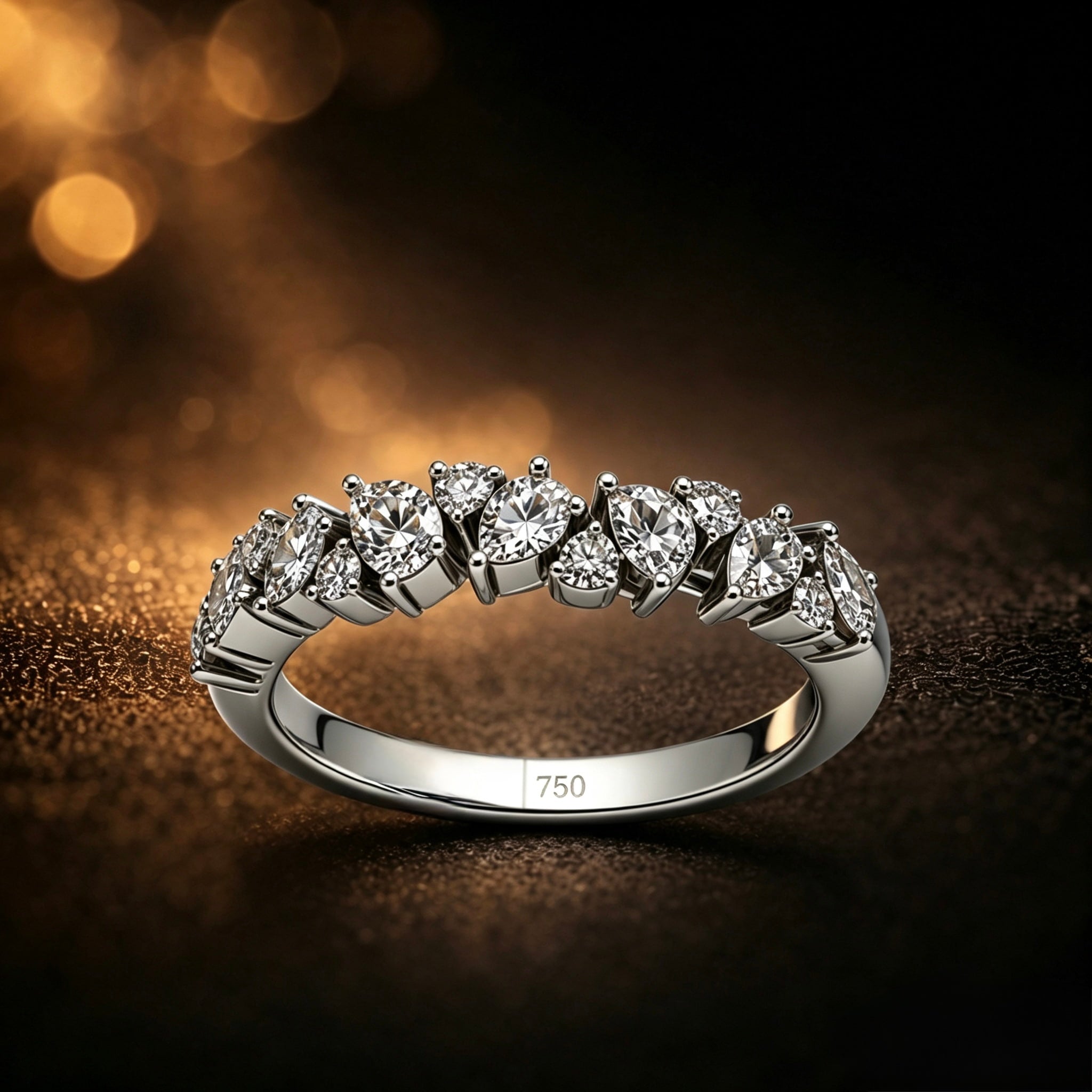 Alternating round and pear cut diamond band ring in 18K white gold – dark luxury editorial photography | JewelryRich
