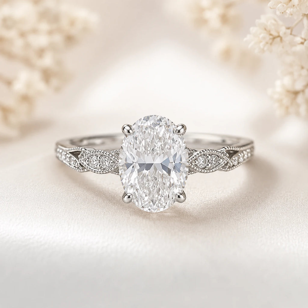 Close-up of oval brilliant cut diamond hidden halo engagement ring with vintage milgrain scrollwork band in platinum 950