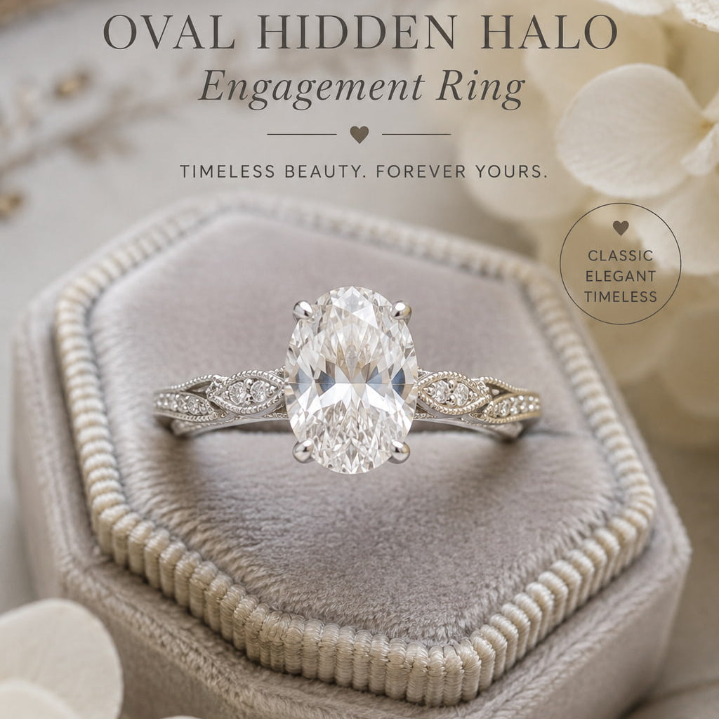 Vintage Oval Hidden Halo Diamond Engagement Ring in Platinum 950, 1.50ct oval brilliant diamond with milgrain detail, JewelryRich