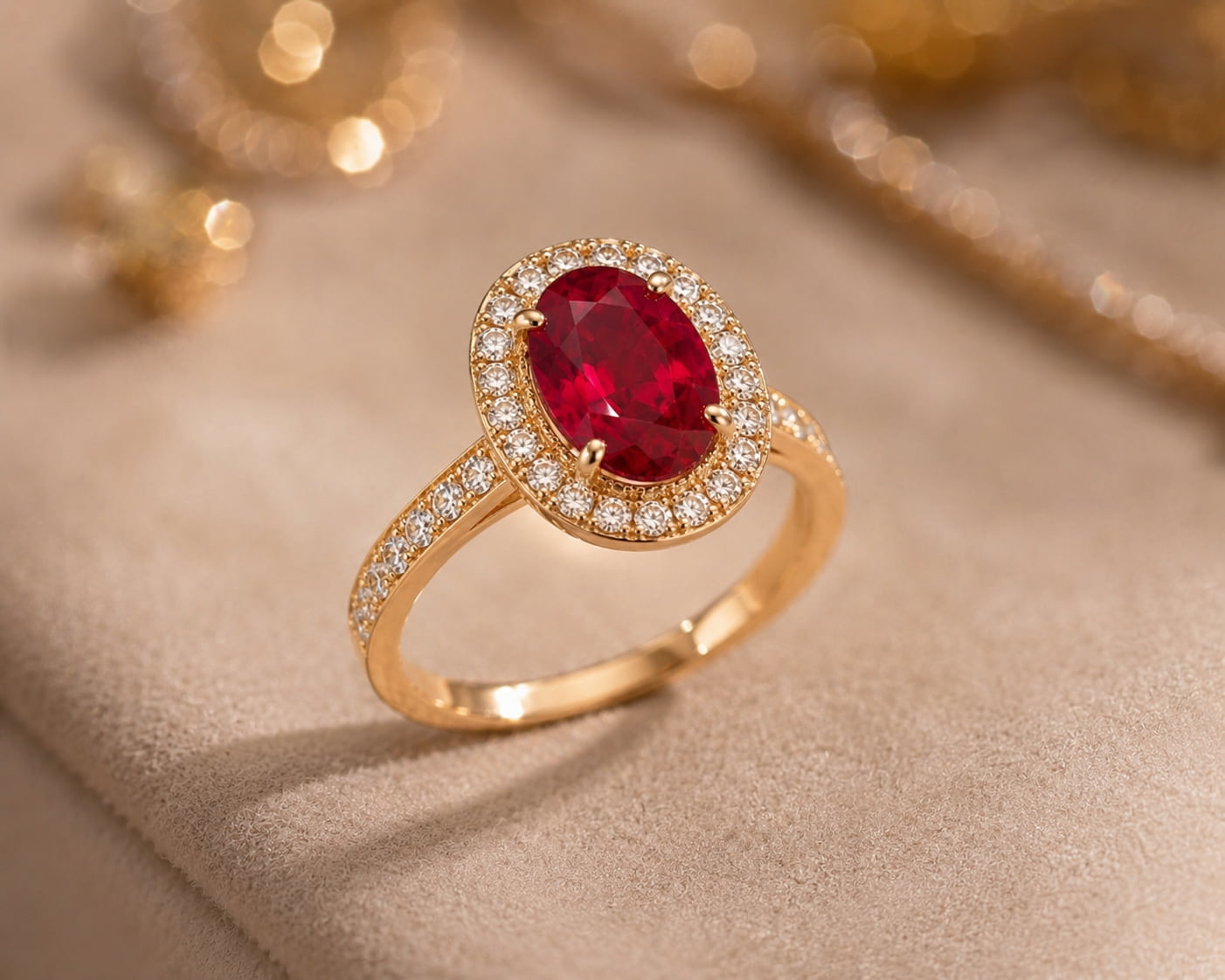 Oval ruby halo engagement ring in 18K yellow gold with diamond pavé – warm lifestyle flat lay | JewelryRich
