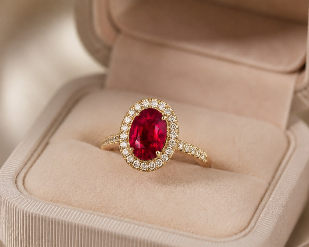 Oval ruby halo ring in 18K yellow gold presented in luxury jewelry box – fine jewelry gift | JewelryRich