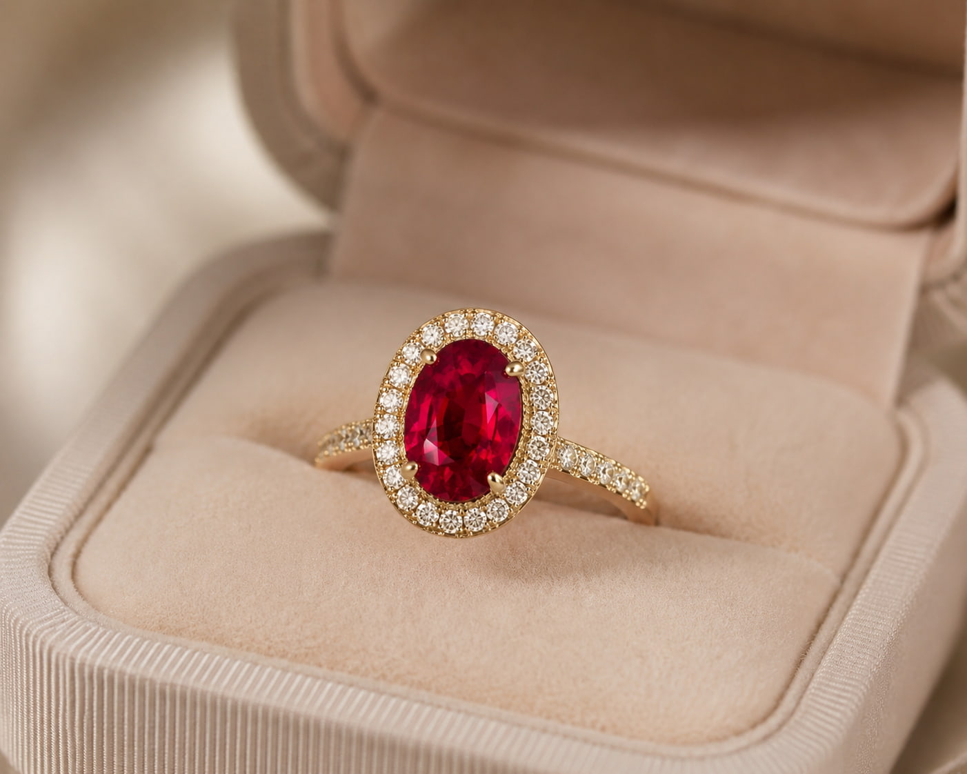 Oval ruby halo ring in 18K yellow gold presented in luxury jewelry box – fine jewelry gift | JewelryRich