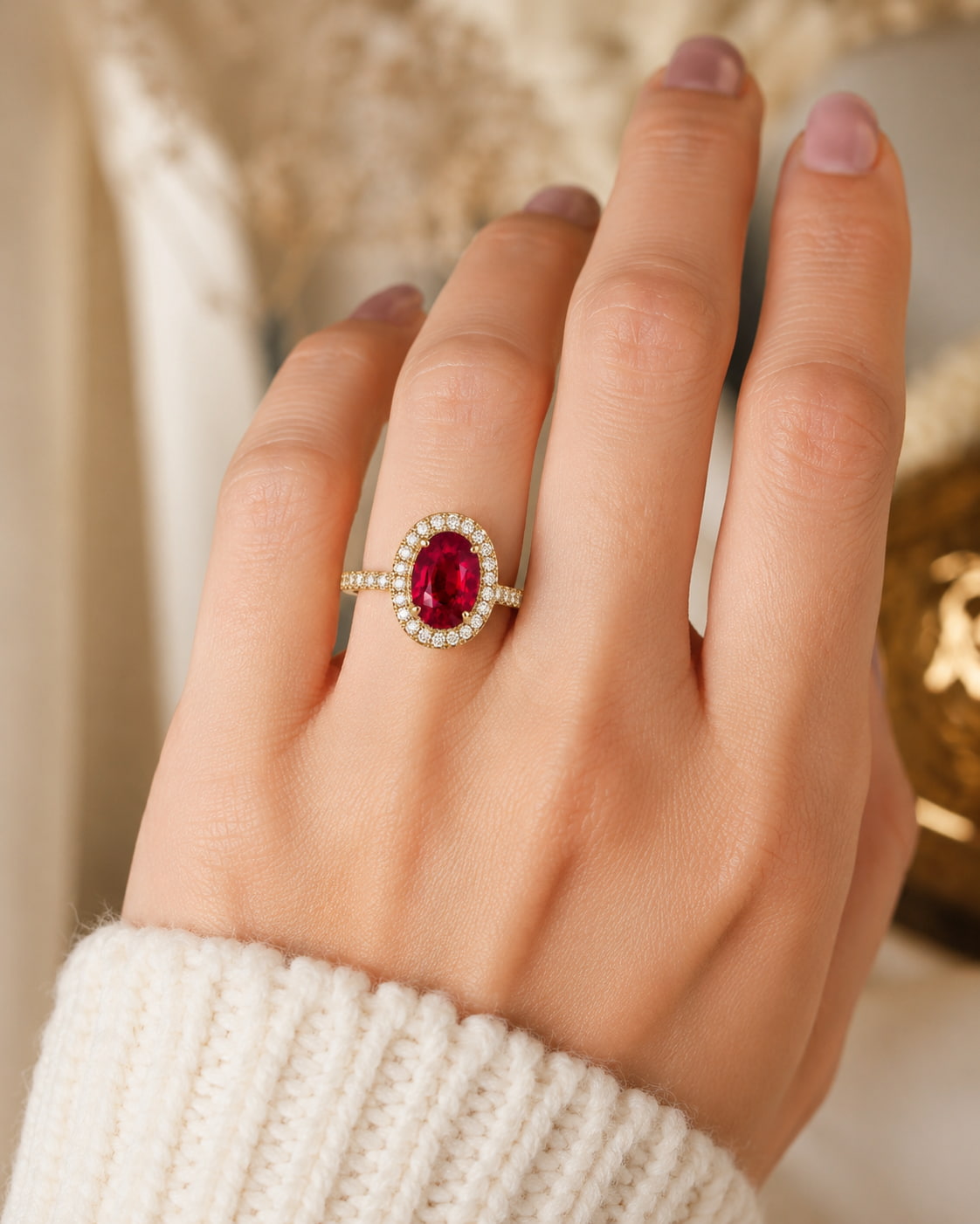 Oval ruby halo engagement ring worn on hand – 18K yellow gold with diamond halo, elegant bridal jewelry | JewelryRich