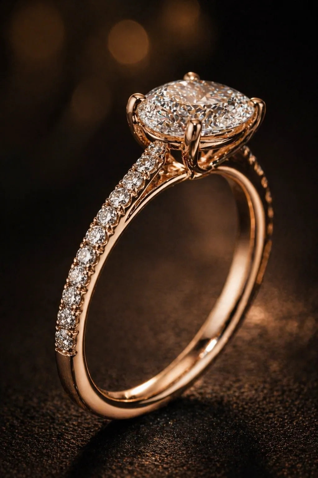 Oval cut diamond solitaire engagement ring four-prong setting in 18K Rose gold — close-up detail view | JewelryRich