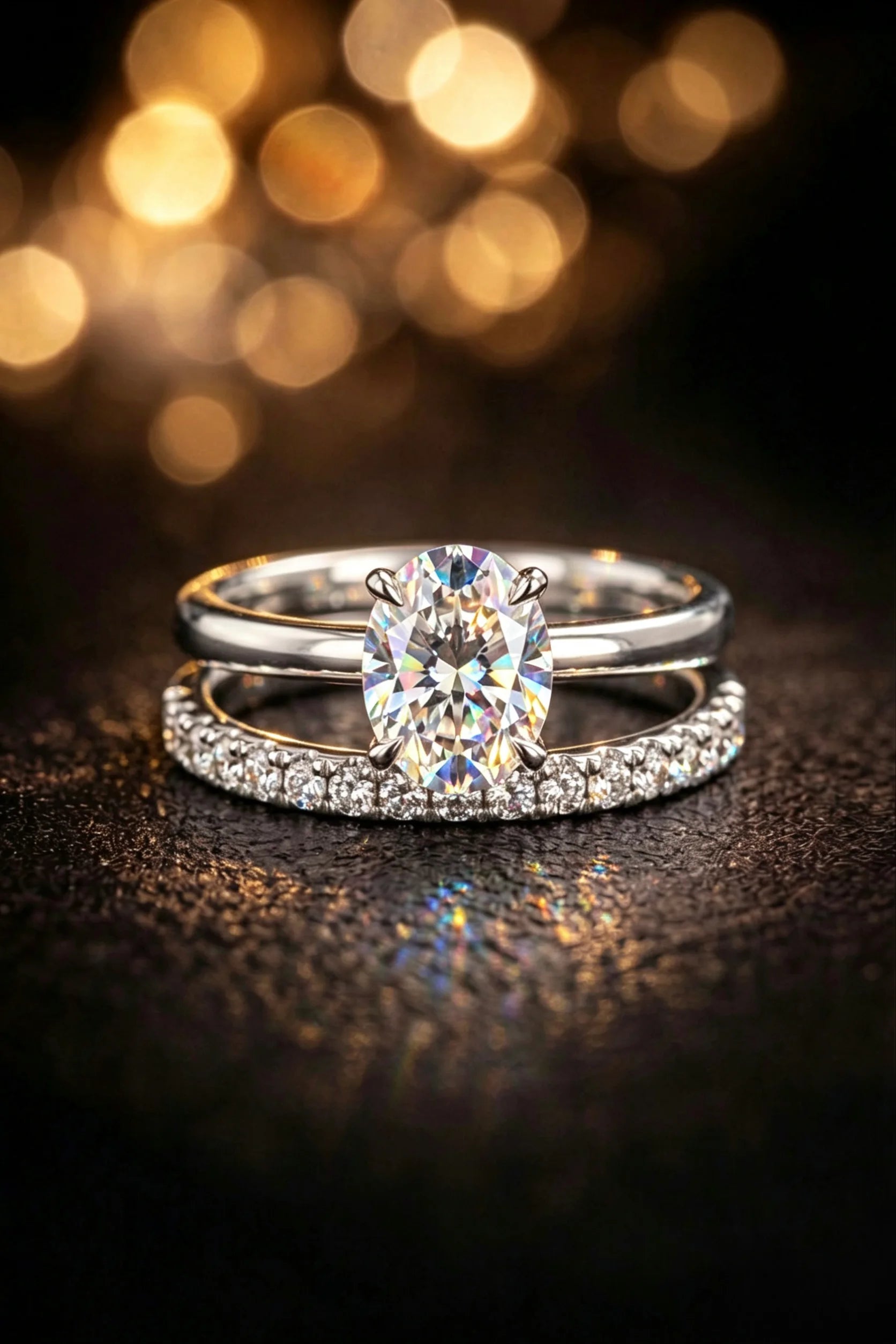 Oval solitaire engagement ring and pavé band set close-up on dark background — brilliant diamond detail, 18K white gold, JewelryRich