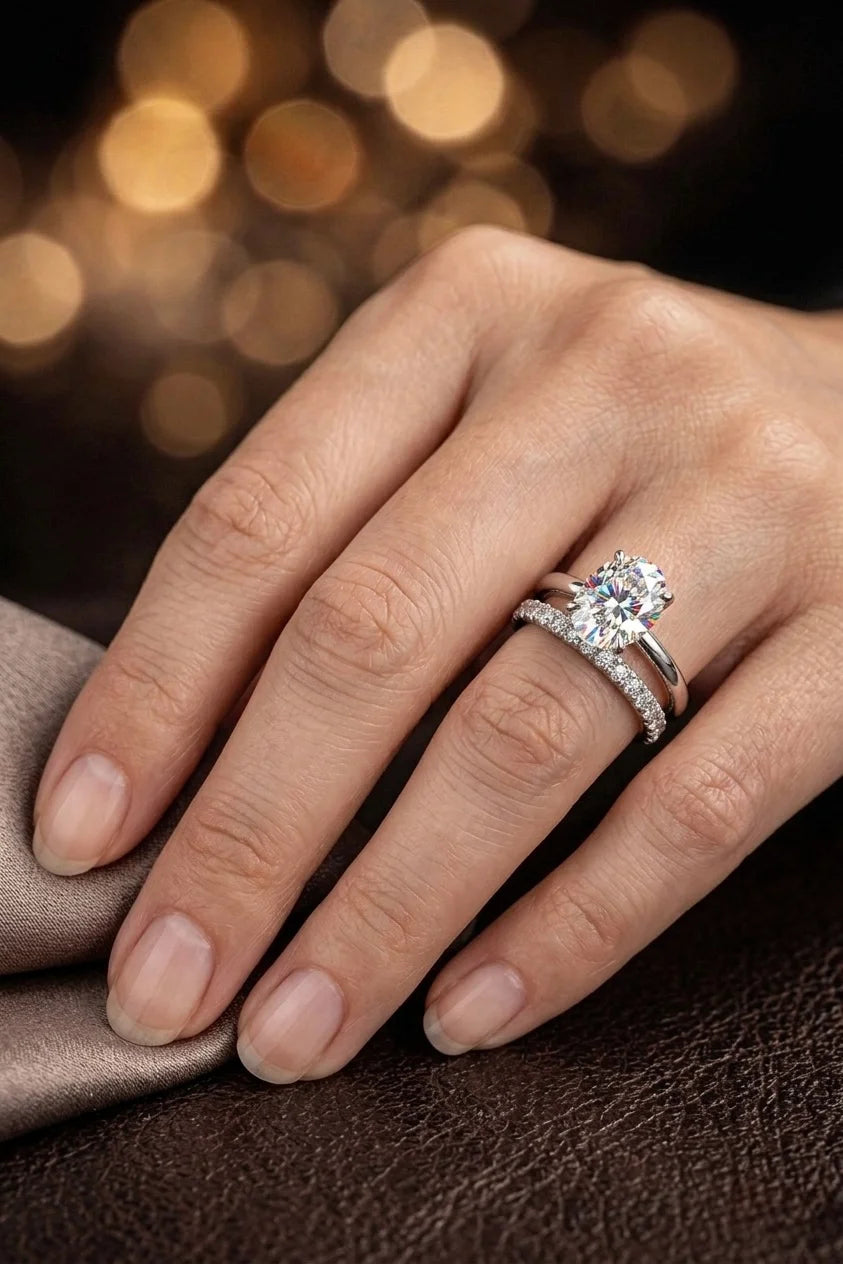 Oval solitaire diamond engagement ring with pavé band bridal set worn on hand — 18K white gold, JewelryRich