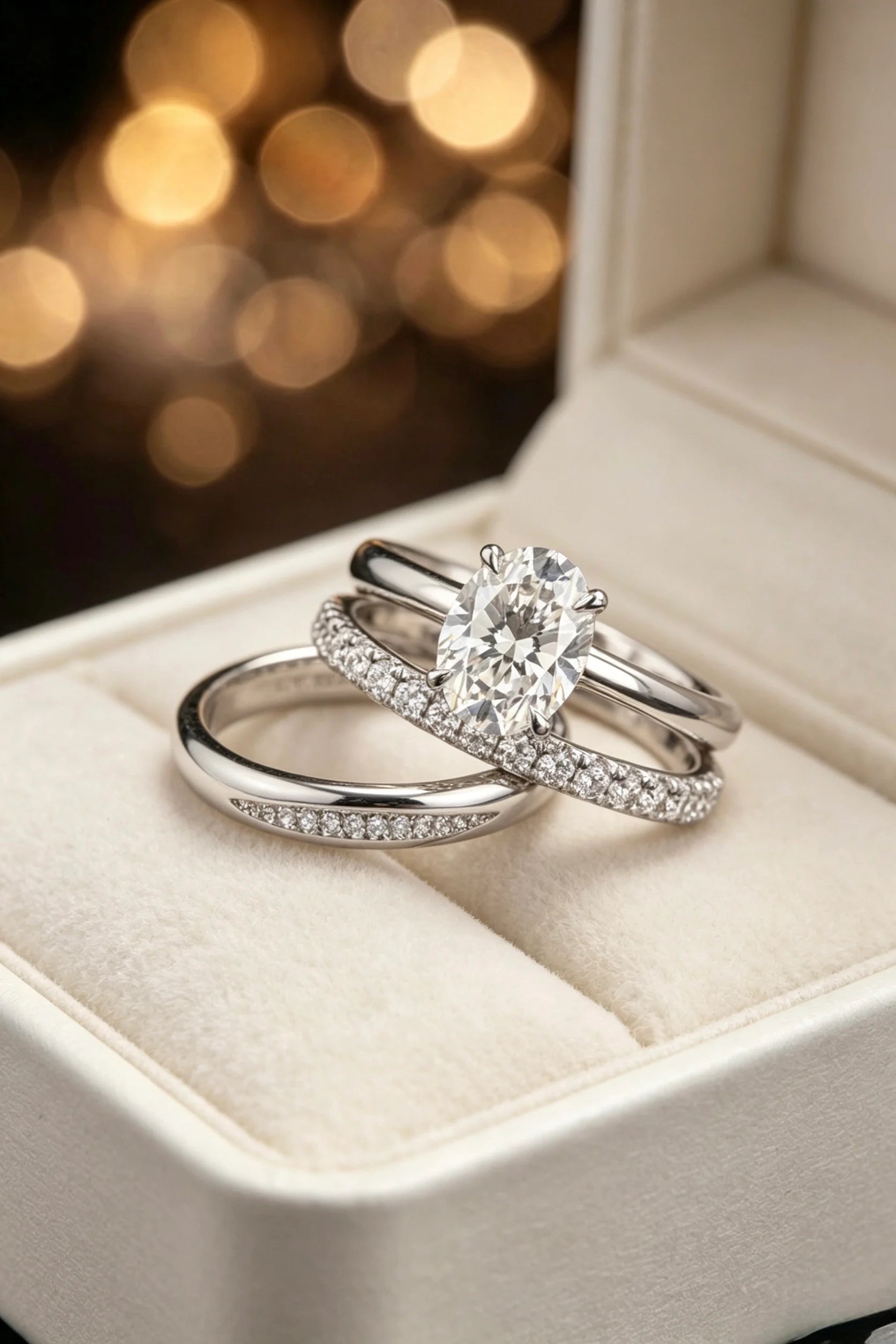 Oval solitaire and pavé diamond wedding band bridal set displayed in luxury jewelry box — 18K white gold, JewelryRich
