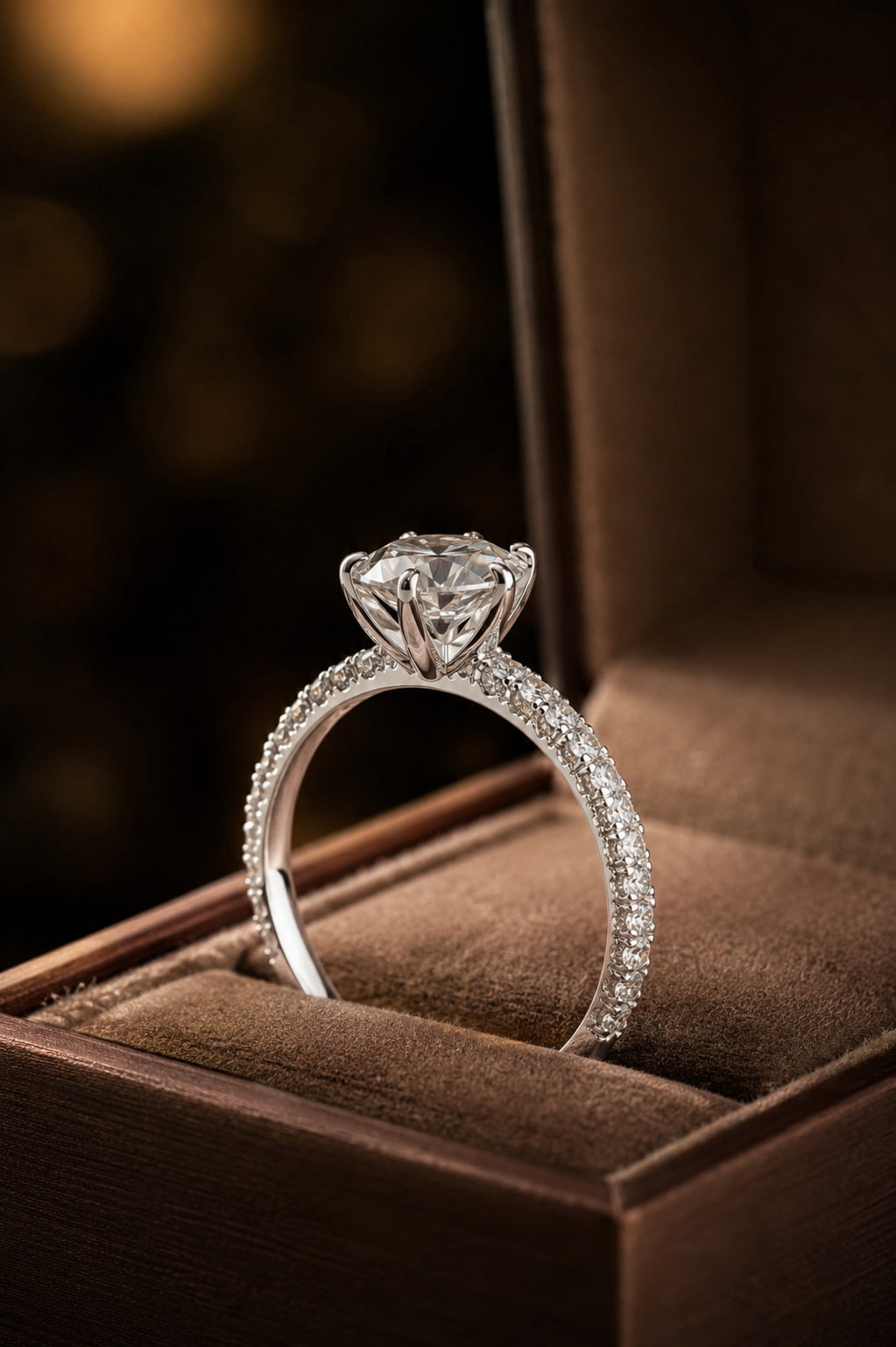 Pavé band solitaire diamond engagement ring in luxury jewelry box front view — 18K white gold round brilliant cut — JewelryRich