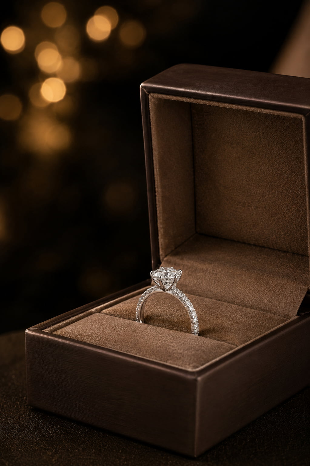 Pavé band solitaire diamond engagement ring in dark luxury jewelry box side view — GIA certified white gold — JewelryRich