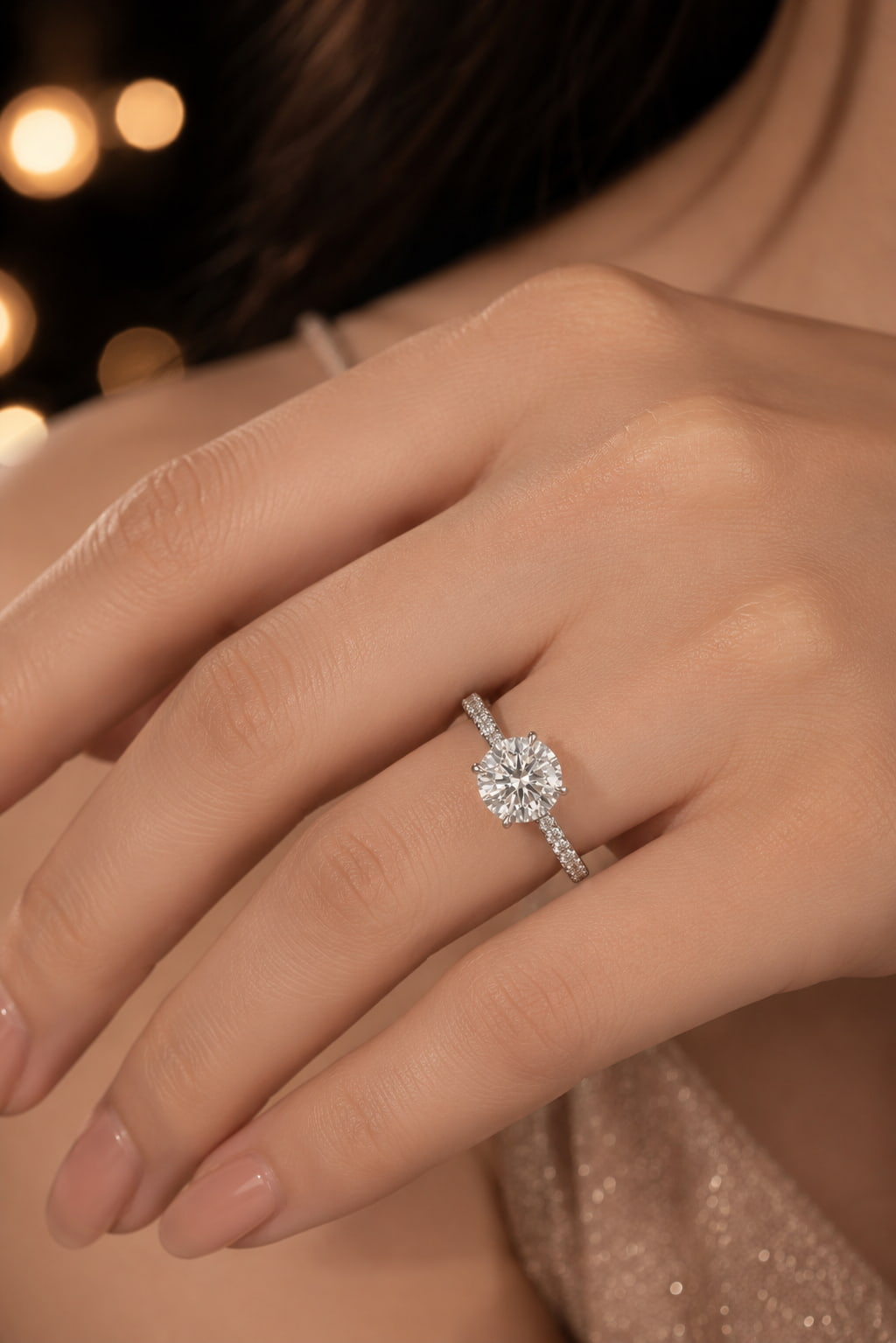 Pavé band solitaire diamond engagement ring worn on hand — 18K white gold with round brilliant center stone — JewelryRich