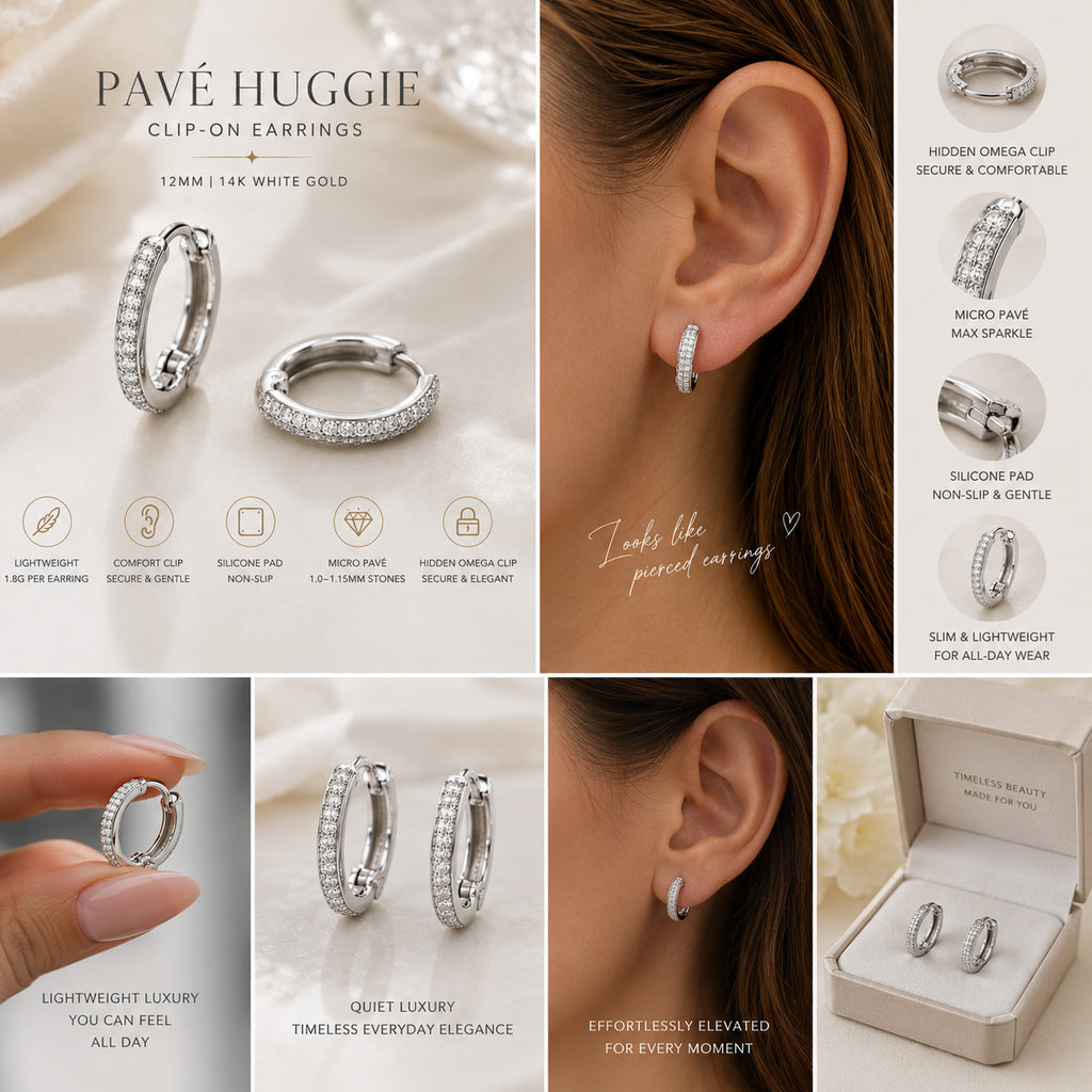 14K white gold pavé huggie clip-on earrings shown from multiple angles including side profile, clasp detail, and omega clip closure mechanism
