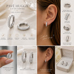 14K white gold pavé huggie clip-on earrings shown from multiple angles including side profile, clasp detail, and omega clip closure mechanism