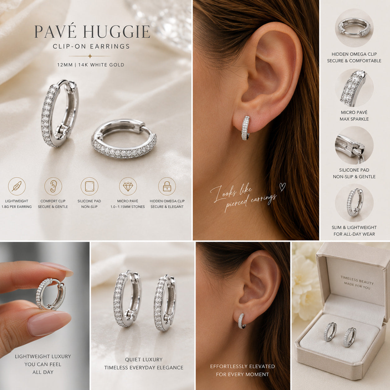 14K white gold pavé huggie clip-on earrings shown from multiple angles including side profile, clasp detail, and omega clip closure mechanism